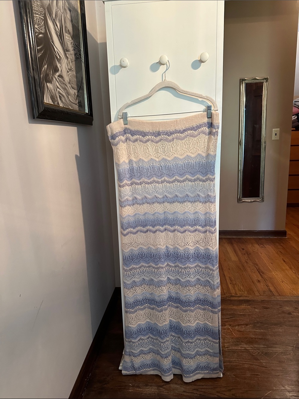 Striped Strapless Crochet Maxi Dress in Cream and Light Blue